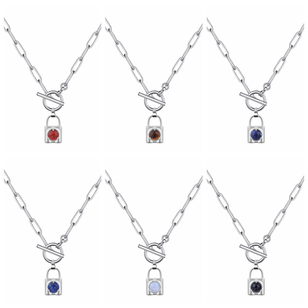 Natural Gemstone Silver Alloy Lock Pendant Necklace with IQ Clasp Chunky Punk Chain Choker Cuban Link  Statement Jewelry for Women and Girls