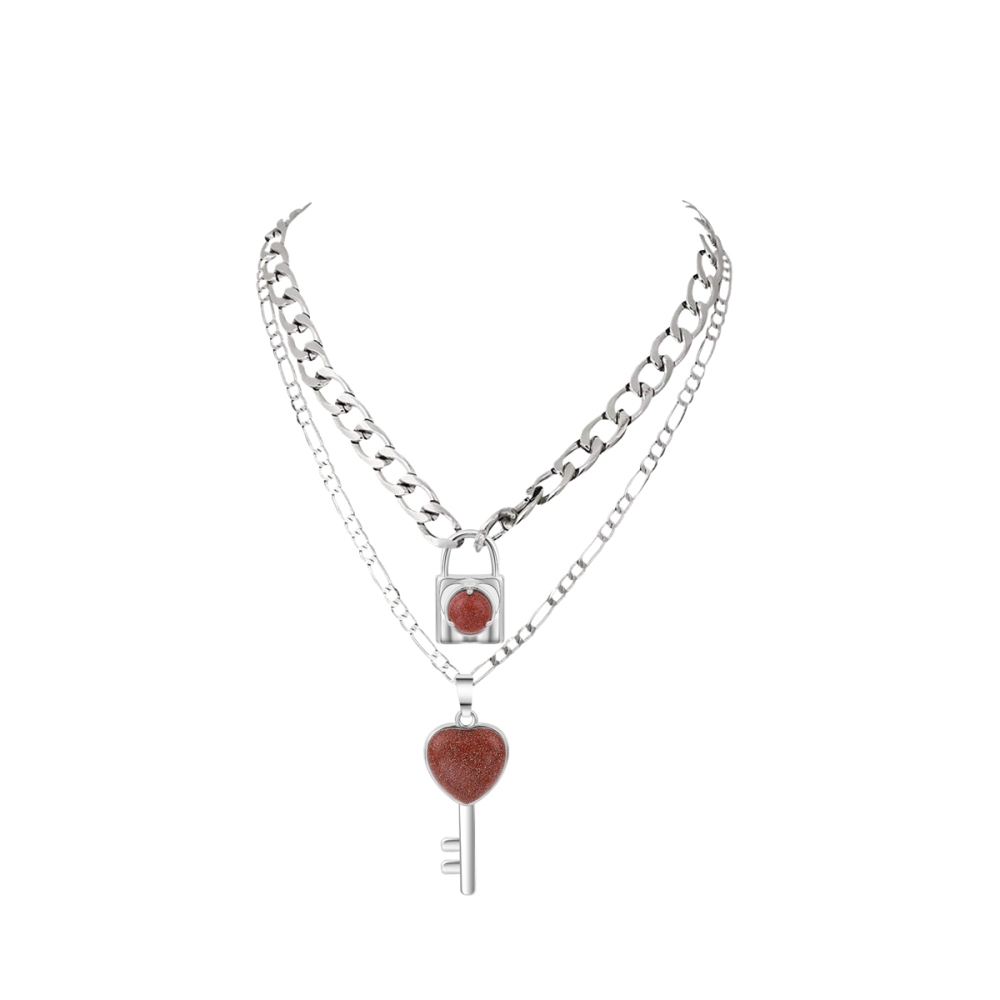 Layered Key Lock Pendant Necklace Chunky Punk Silver Chain Choker Cuban Link  Statement Jewelry for Women and Girls
