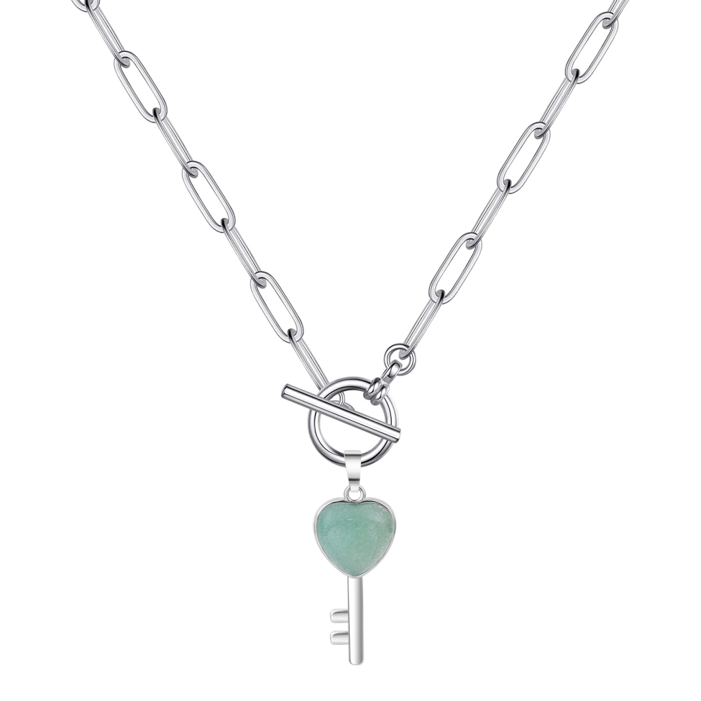 Gemstone Key Pendant Necklace with IQ Clasp Chunky Punk Chain Choker Cuban Link  Statement Jewelry for Women and Girls
