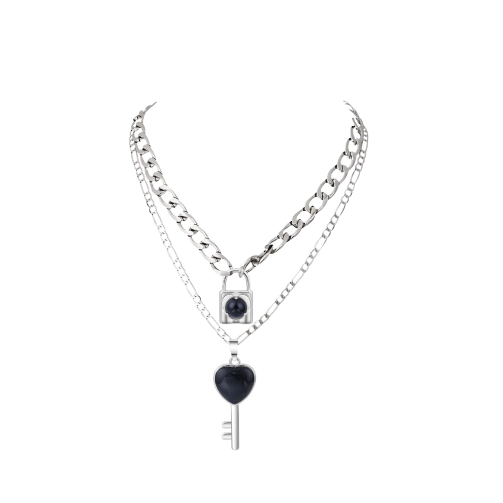 Layered Key Lock Pendant Necklace Chunky Punk Silver Chain Choker Cuban Link  Statement Jewelry for Women and Girls