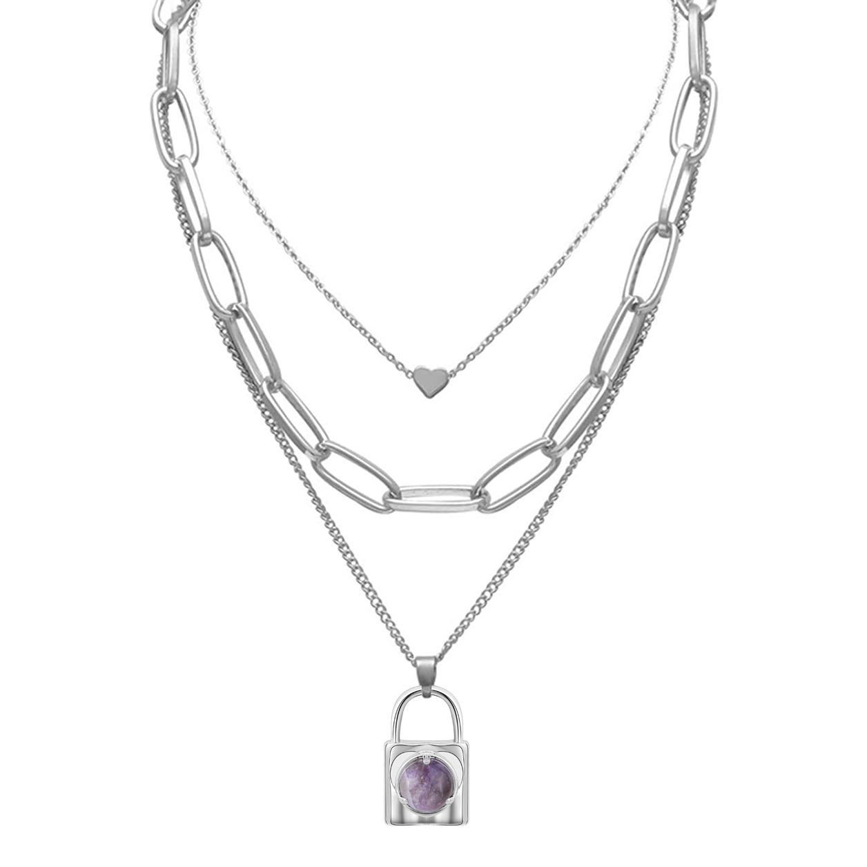 Layered Lock Pendant Necklace Chunky Punk Chain Choker Cuban Link  Statement Jewelry for Women and Girls
