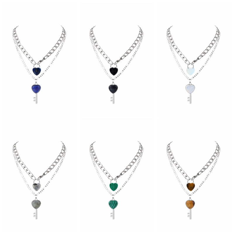 Layered Key Lock Pendant Necklace Chunky Punk Silver Chain Choker Cuban Link  Statement Jewelry for Women and Girls
