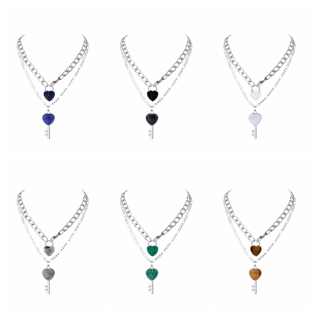 Layered Key Lock Pendant Necklace Chunky Punk Silver Chain Choker Cuban Link  Statement Jewelry for Women and Girls