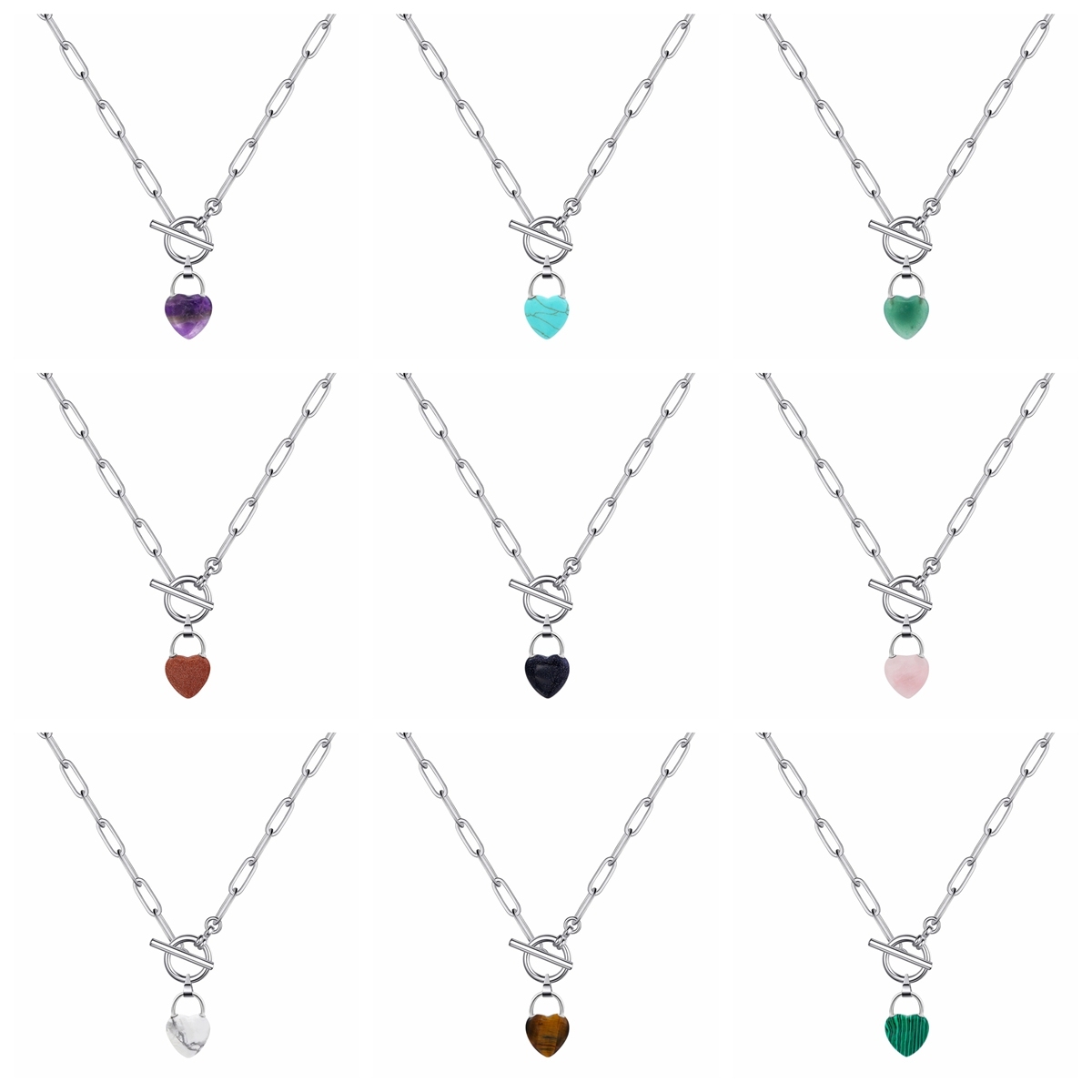 Natural Gemstone Love Heart Lock Pendant Necklace with IQ Clasp Chunky Punk Chain Choker Cuban Link  Statement Jewelry for Women and Girls