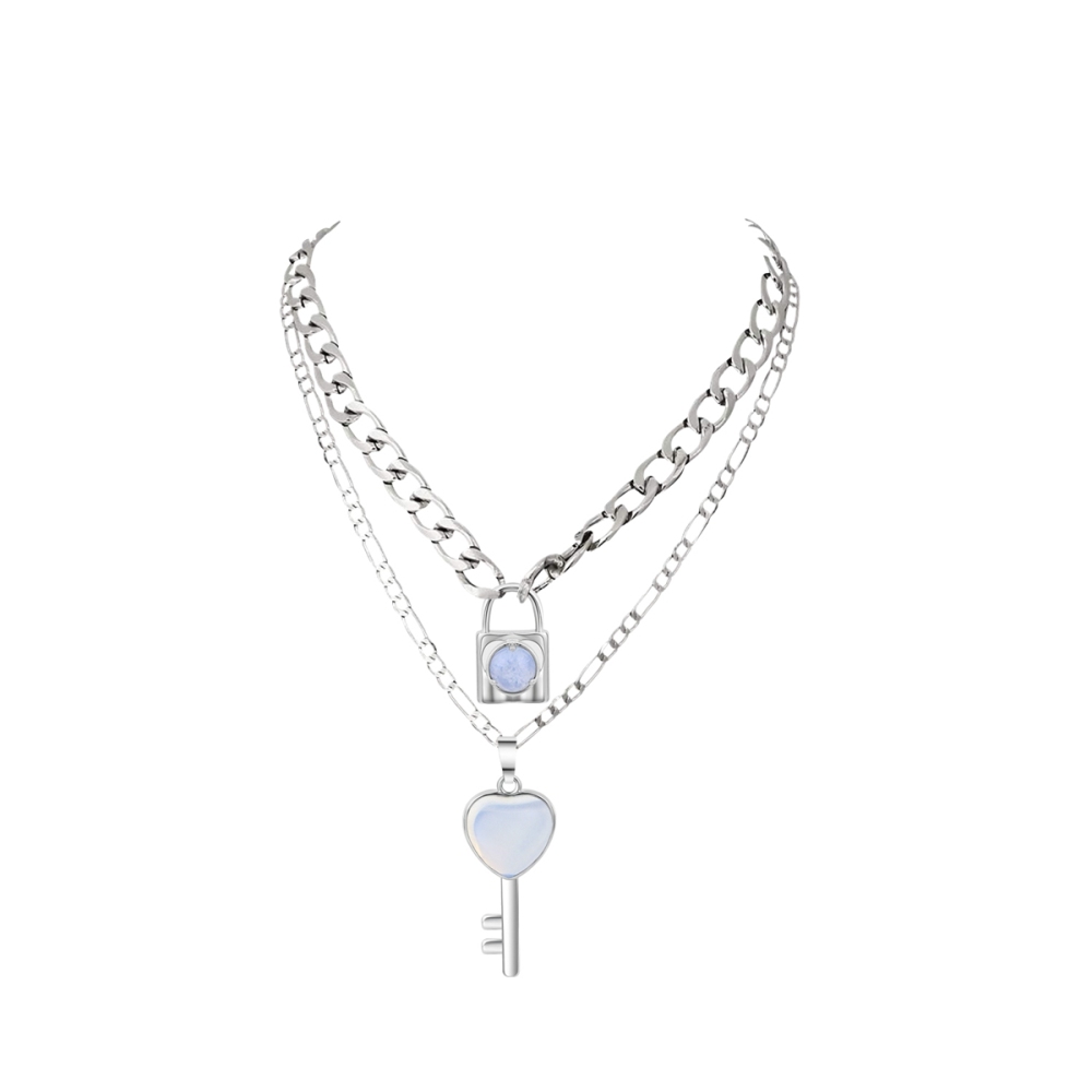 Layered Key Lock Pendant Necklace Chunky Punk Silver Chain Choker Cuban Link  Statement Jewelry for Women and Girls