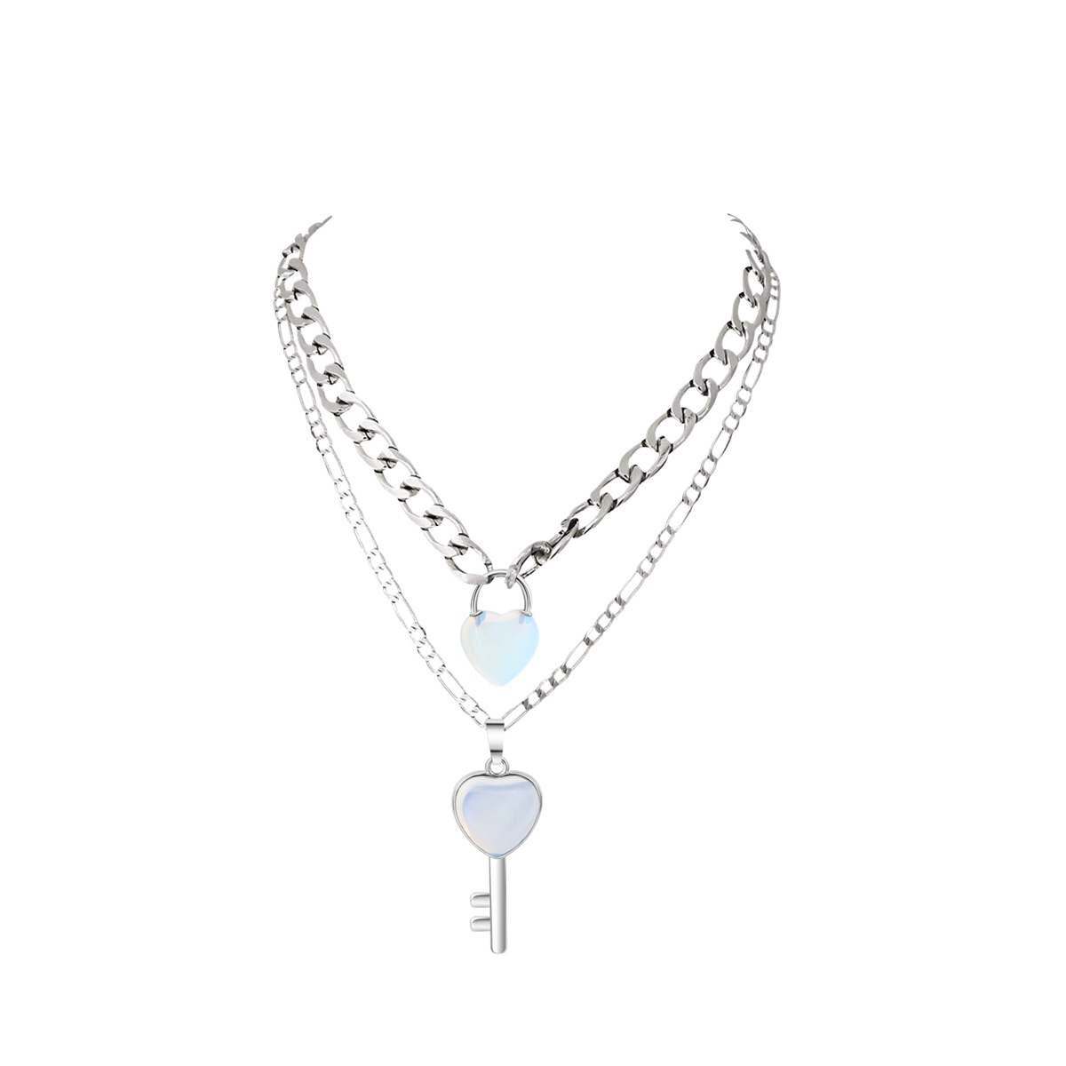 Layered Key Lock Pendant Necklace Chunky Punk Silver Chain Choker Cuban Link  Statement Jewelry for Women and Girls