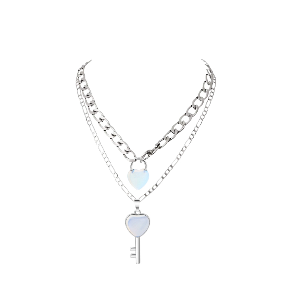 Layered Key Lock Pendant Necklace Chunky Punk Silver Chain Choker Cuban Link  Statement Jewelry for Women and Girls