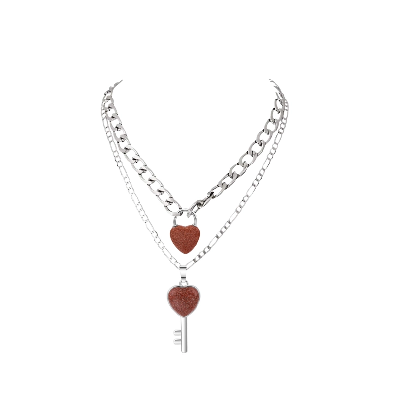 Layered Key Lock Pendant Necklace Chunky Punk Silver Chain Choker Cuban Link  Statement Jewelry for Women and Girls
