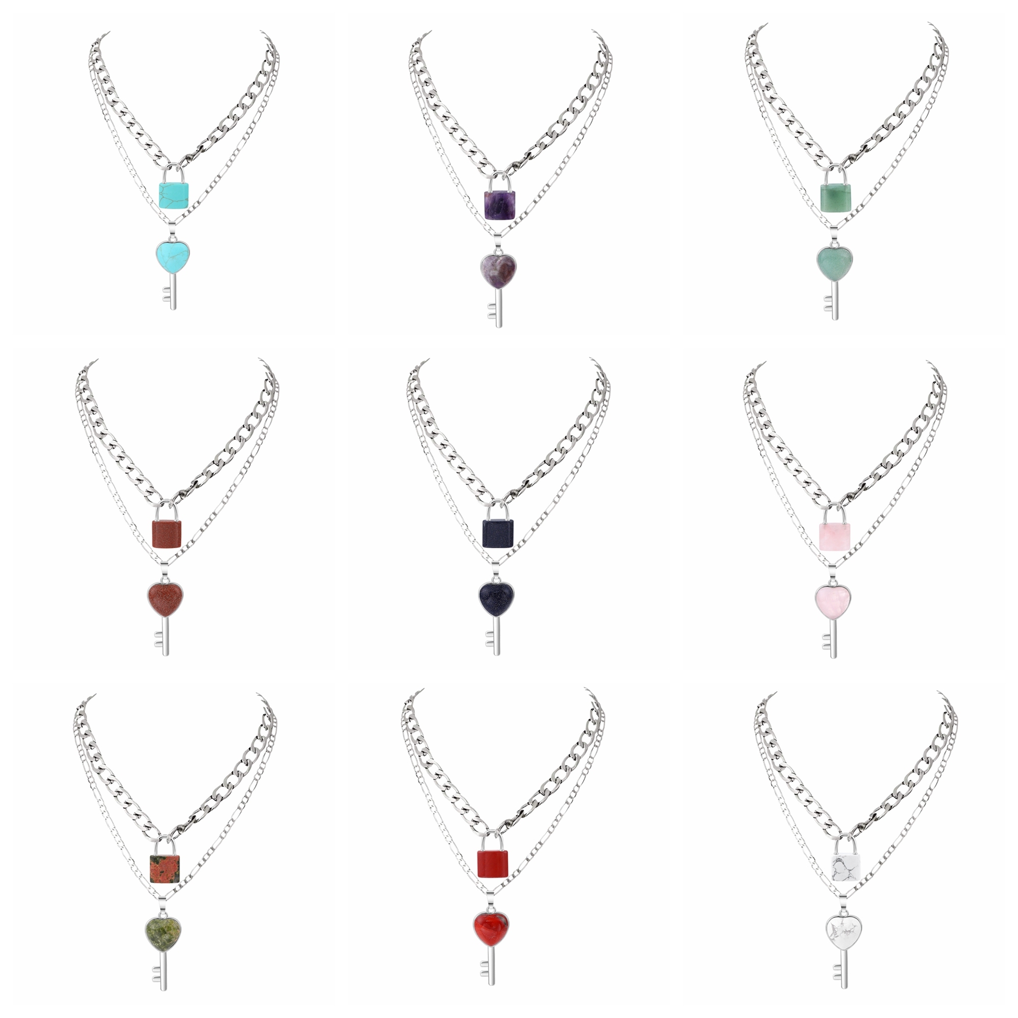 Layered Key Lock Pendant Necklace Chunky Punk Silver Chain Choker Cuban Link  Statement Jewelry for Women and Girls