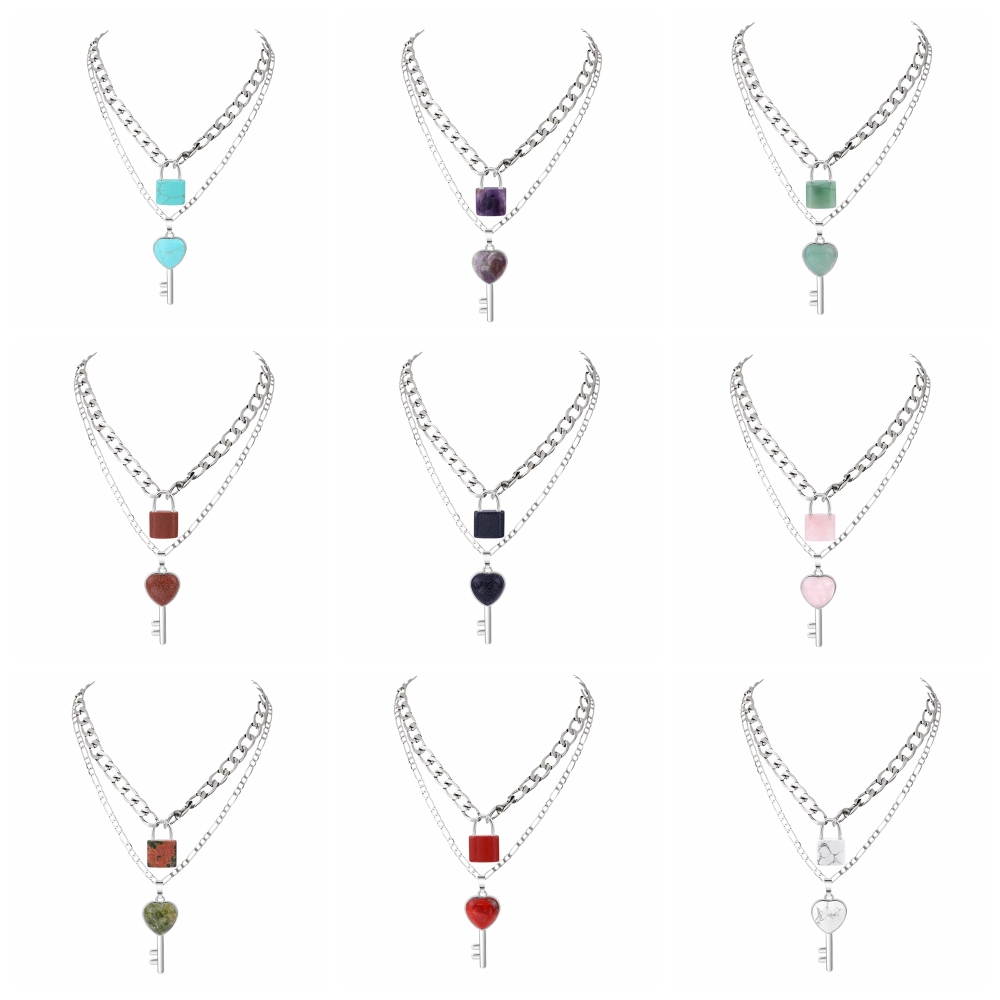 Layered Key Lock Pendant Necklace Chunky Punk Silver Chain Choker Cuban Link  Statement Jewelry for Women and Girls