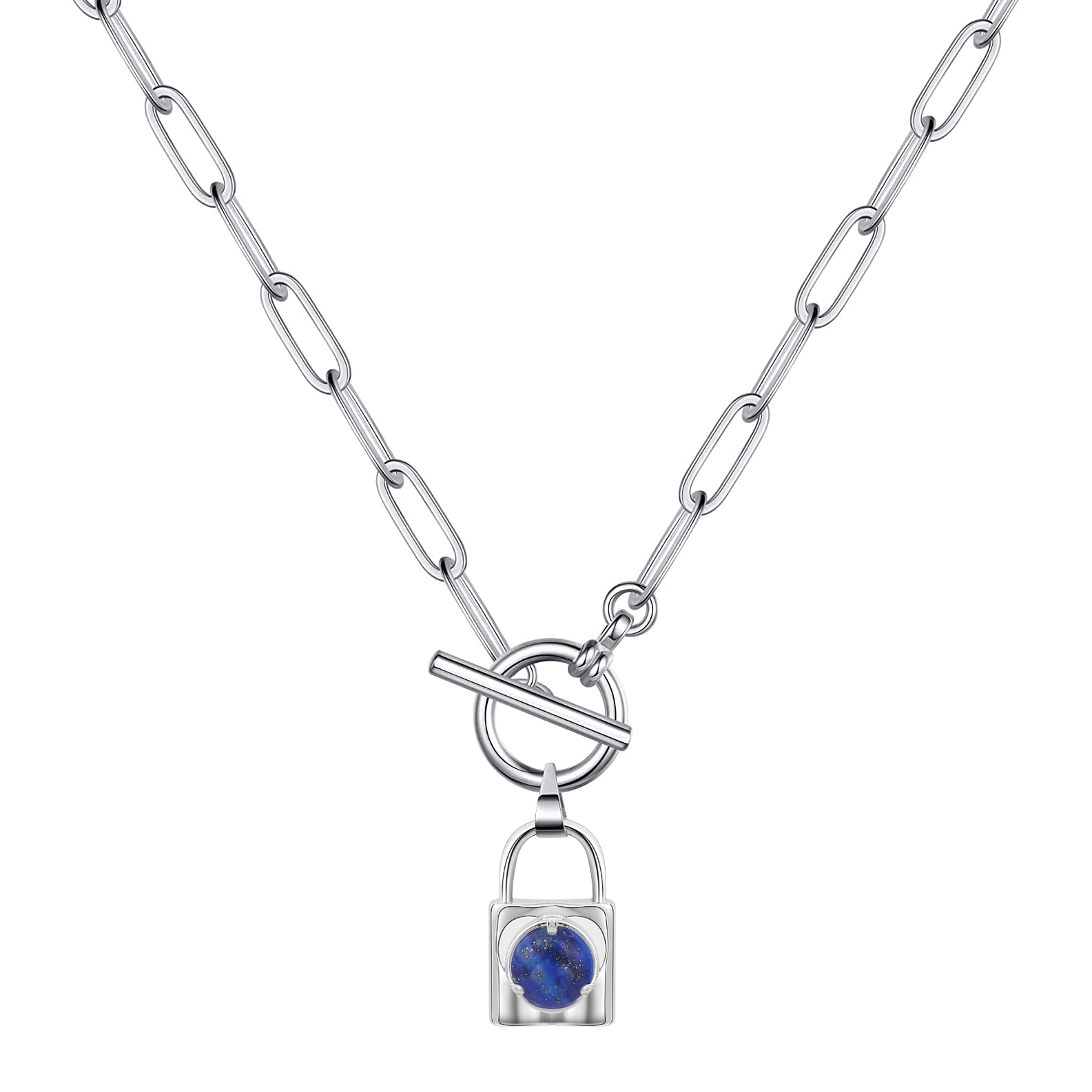 Natural Gemstone Silver Alloy Lock Pendant Necklace with IQ Clasp Chunky Punk Chain Choker Cuban Link  Statement Jewelry for Women and Girls