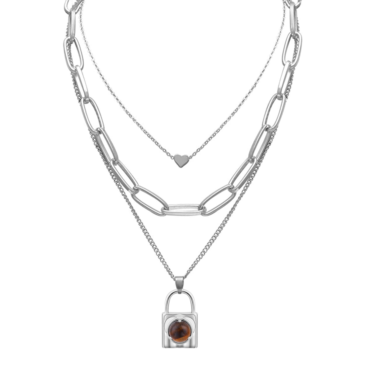 Layered Lock Pendant Necklace Chunky Punk Chain Choker Cuban Link  Statement Jewelry for Women and Girls