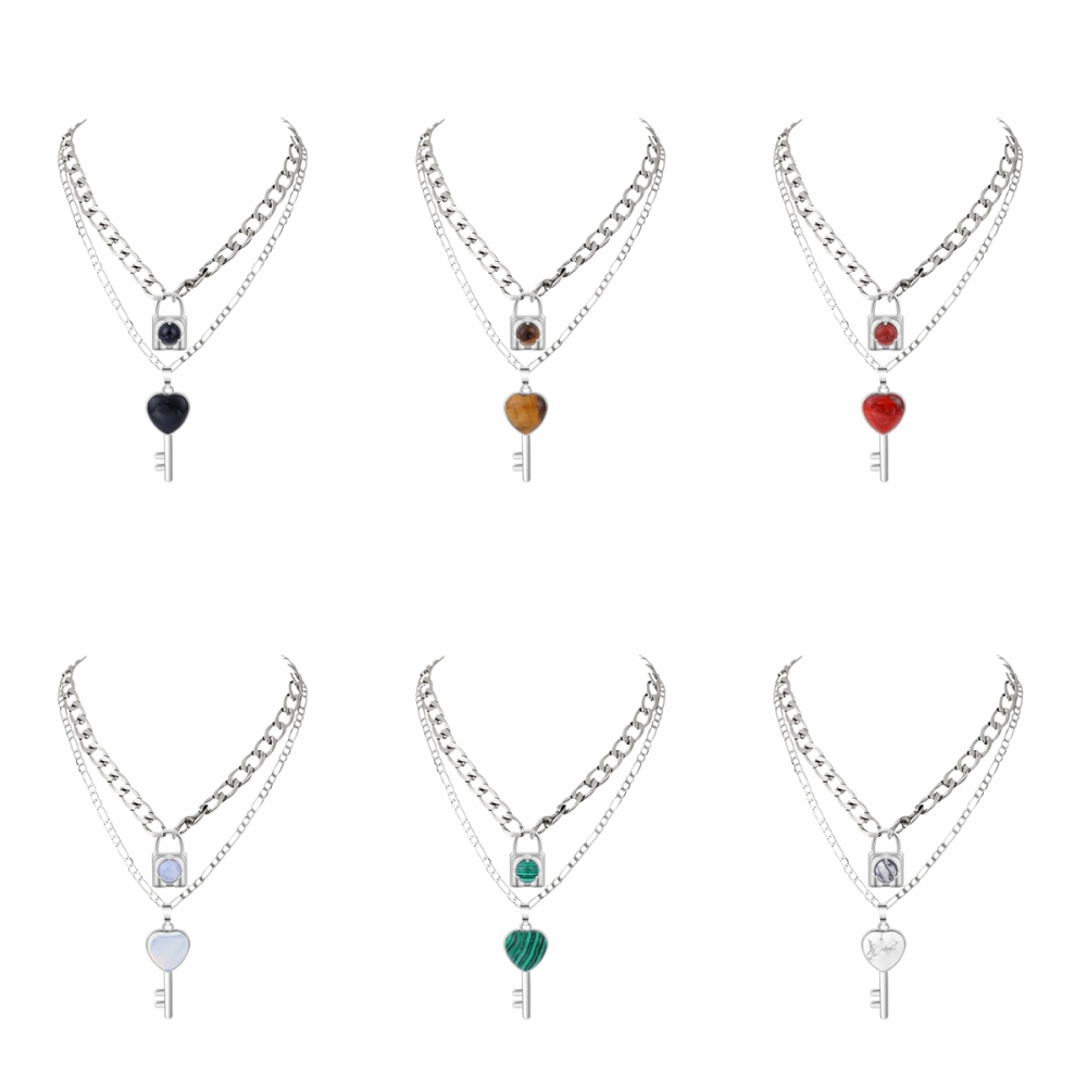 Layered Key Lock Pendant Necklace Chunky Punk Silver Chain Choker Cuban Link  Statement Jewelry for Women and Girls