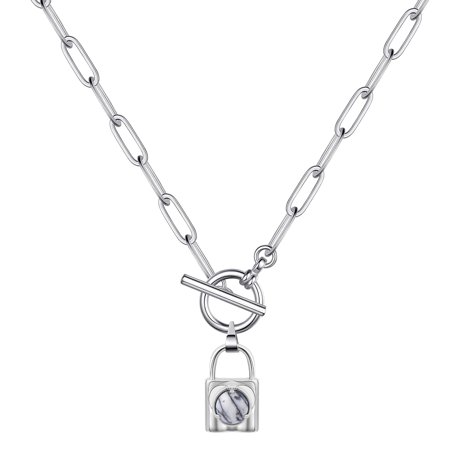 Natural Gemstone Silver Alloy Lock Pendant Necklace with IQ Clasp Chunky Punk Chain Choker Cuban Link  Statement Jewelry for Women and Girls