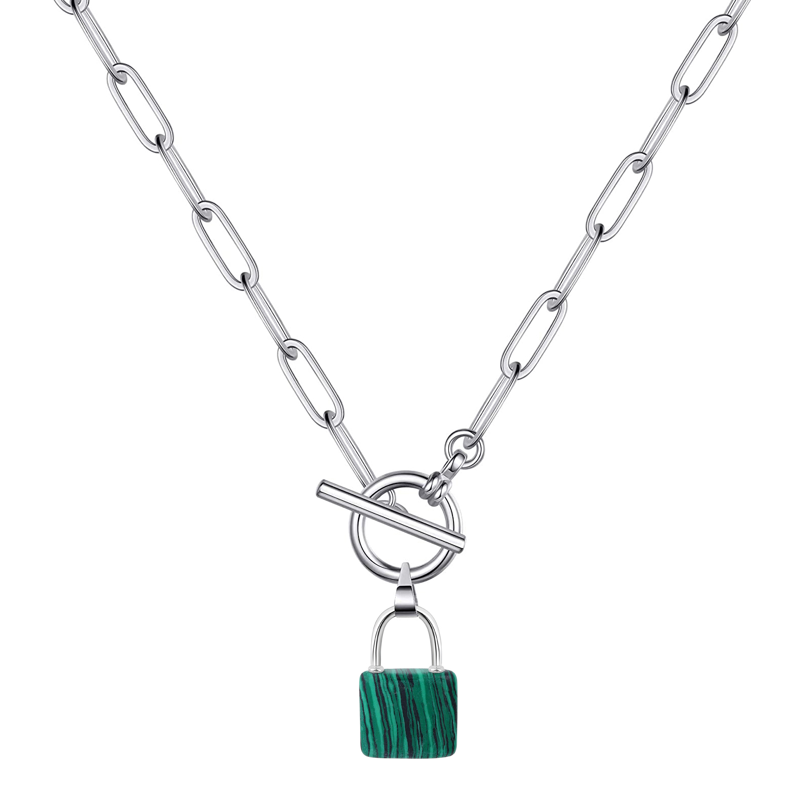 Natural Gemstone Lock Pendant Necklace with IQ Clalsp Chunky Punk Chain Choker Cuban Link  Statement Jewelry for Women and Girls