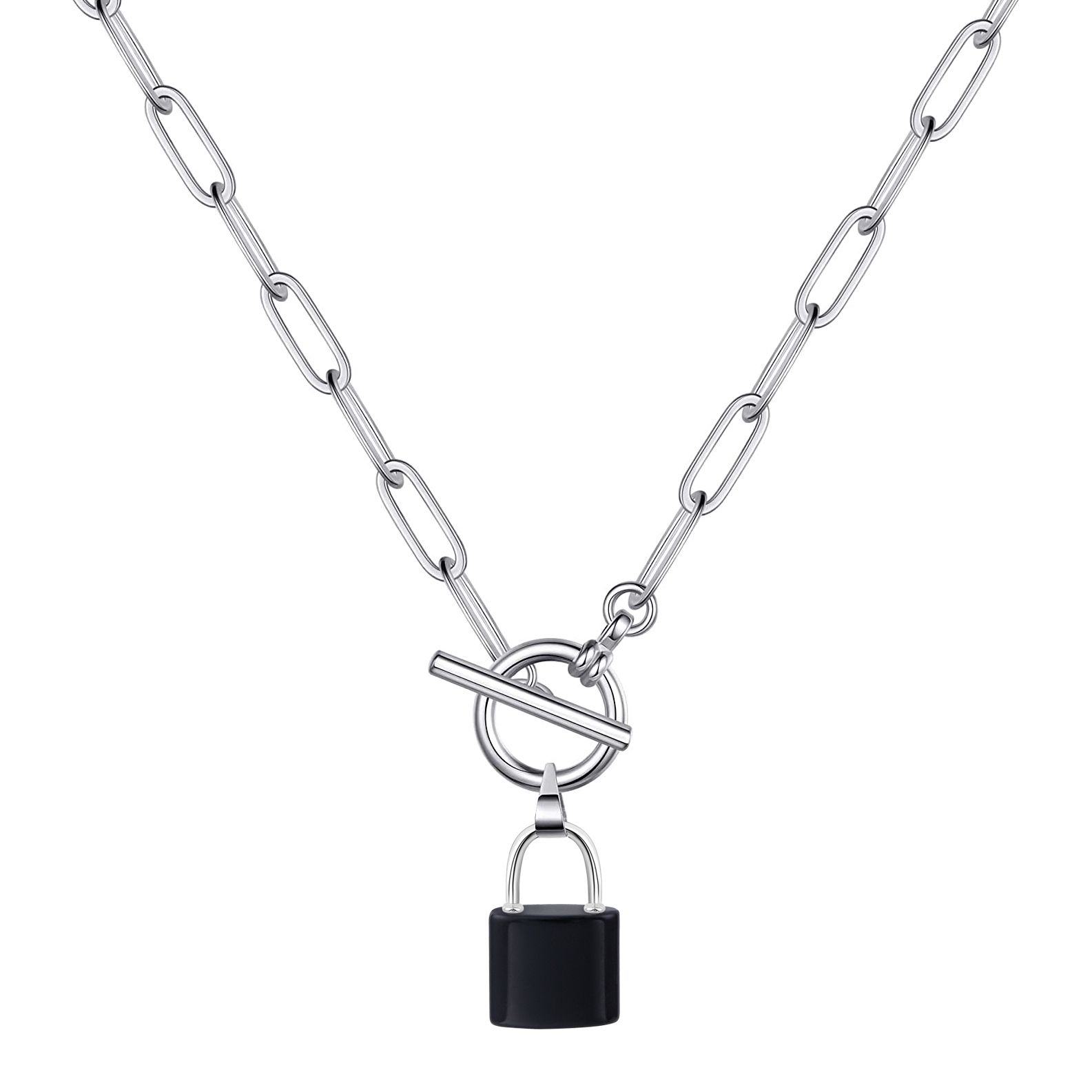 Natural Gemstone Lock Pendant Necklace with IQ Clalsp Chunky Punk Chain Choker Cuban Link  Statement Jewelry for Women and Girls