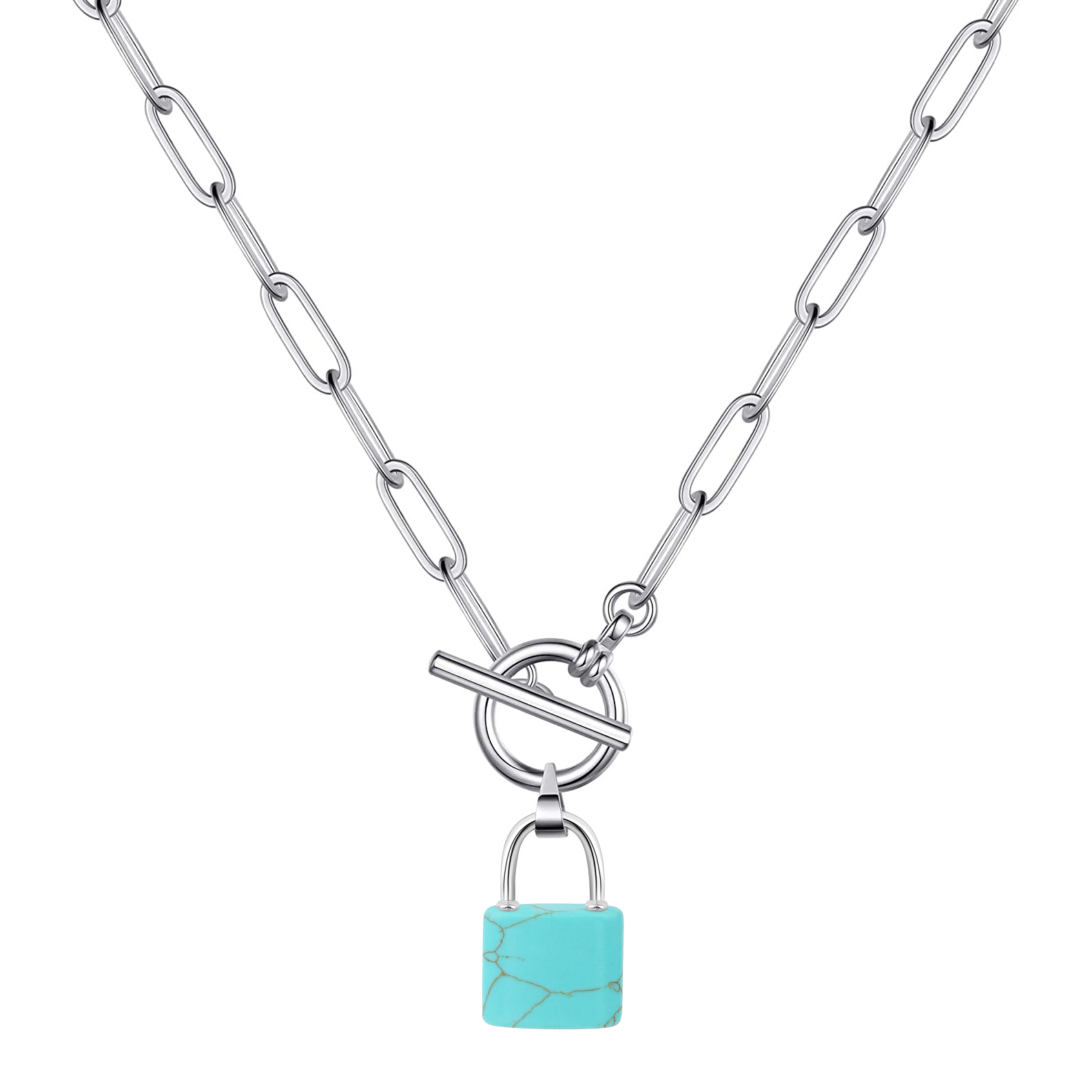 Natural Gemstone Lock Pendant Necklace with IQ Clalsp Chunky Punk Chain Choker Cuban Link  Statement Jewelry for Women and Girls