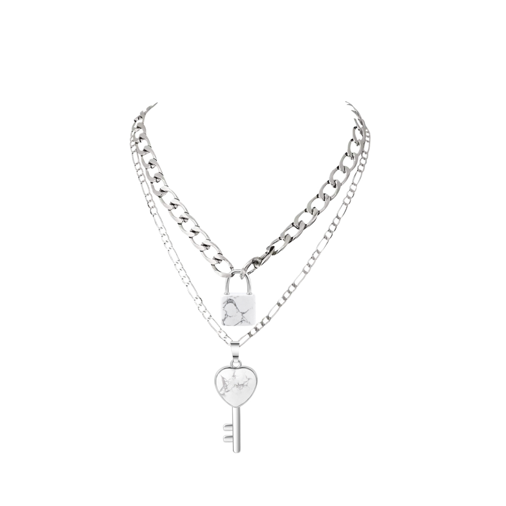 Layered Key Lock Pendant Necklace Chunky Punk Silver Chain Choker Cuban Link  Statement Jewelry for Women and Girls