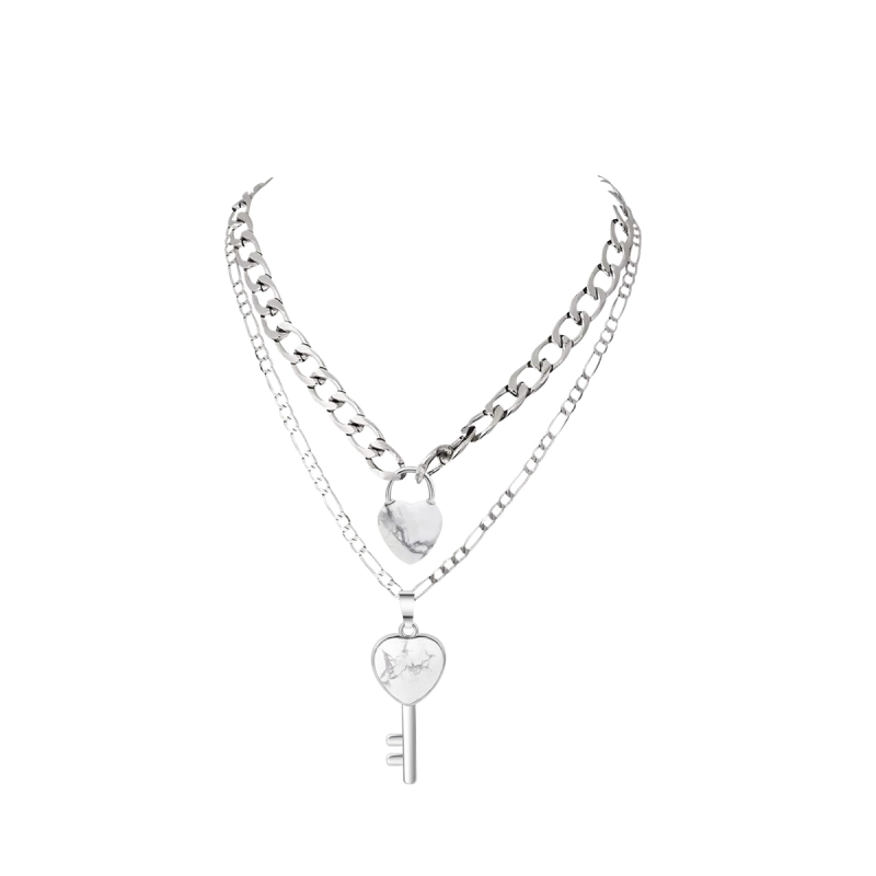 Layered Key Lock Pendant Necklace Chunky Punk Silver Chain Choker Cuban Link  Statement Jewelry for Women and Girls