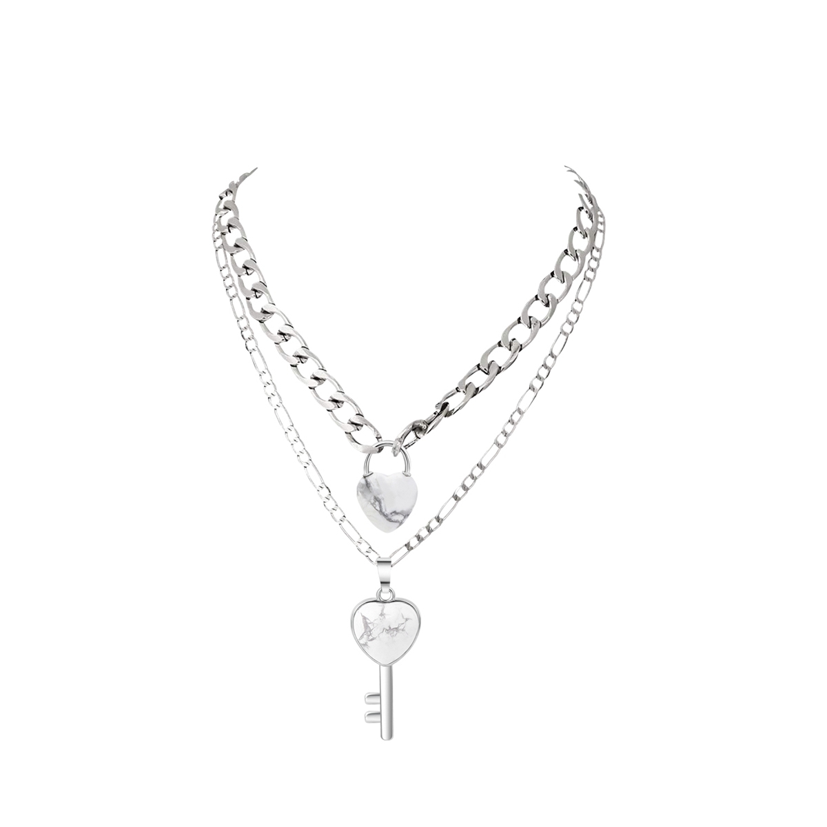 Layered Key Lock Pendant Necklace Chunky Punk Silver Chain Choker Cuban Link  Statement Jewelry for Women and Girls