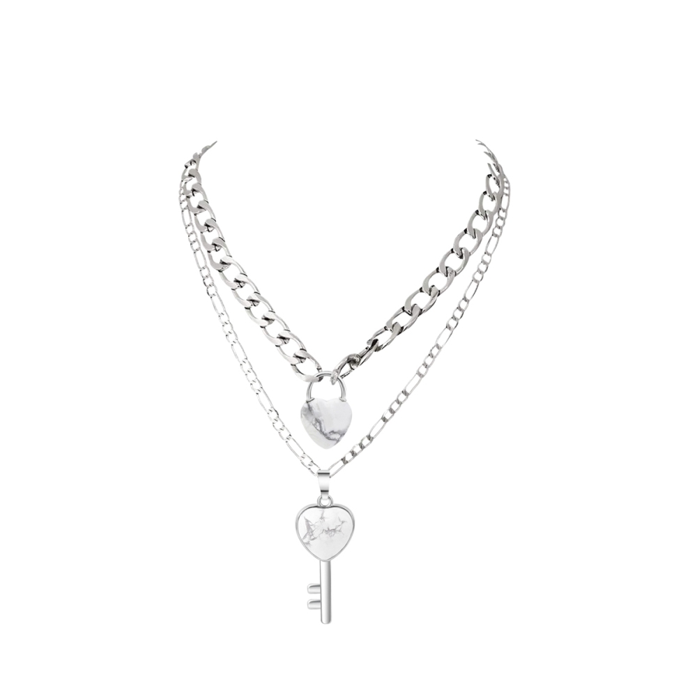 Layered Key Lock Pendant Necklace Chunky Punk Silver Chain Choker Cuban Link  Statement Jewelry for Women and Girls