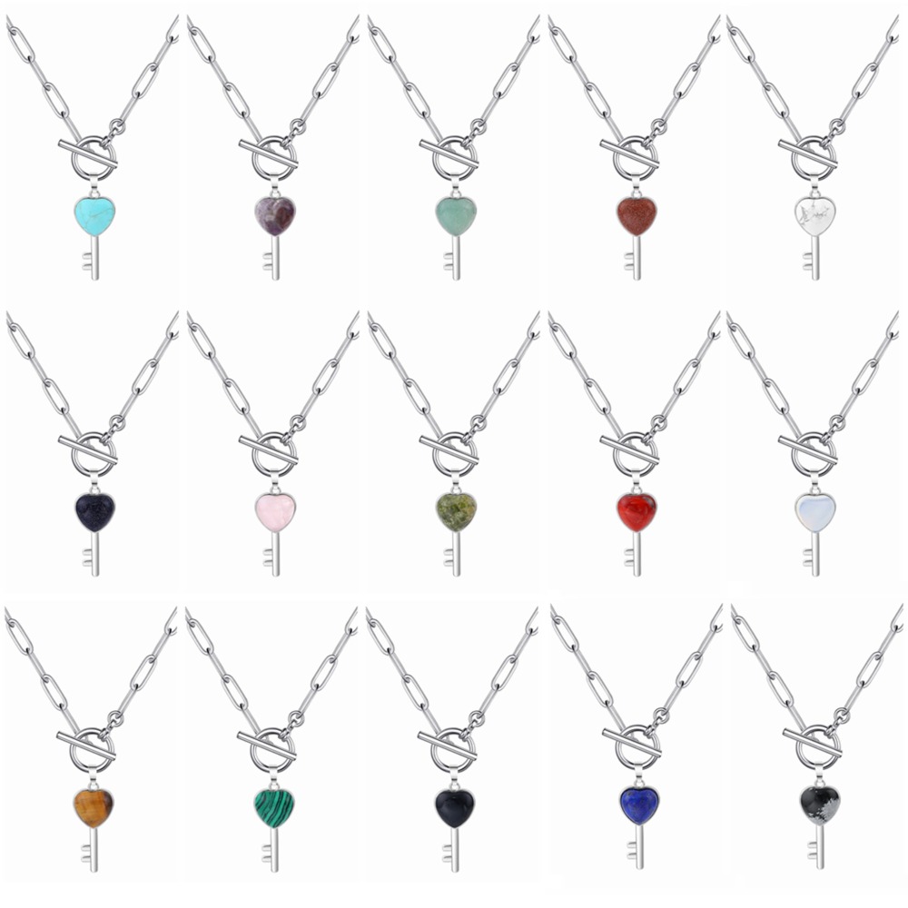 Gemstone Key Pendant Necklace with IQ Clasp Chunky Punk Chain Choker Cuban Link  Statement Jewelry for Women and Girls