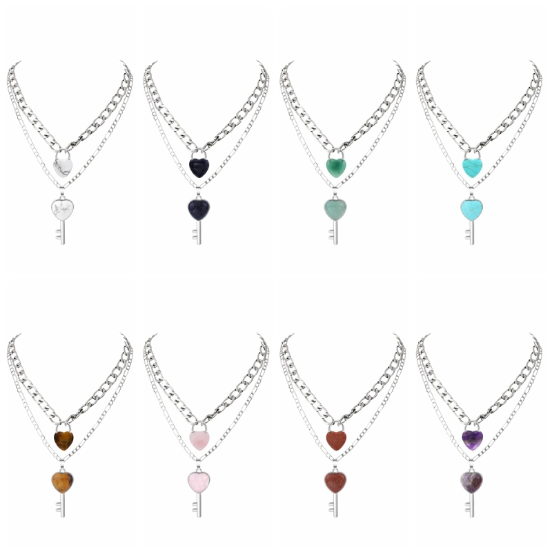 Layered Key Lock Pendant Necklace Chunky Punk Silver Chain Choker Cuban Link  Statement Jewelry for Women and Girls