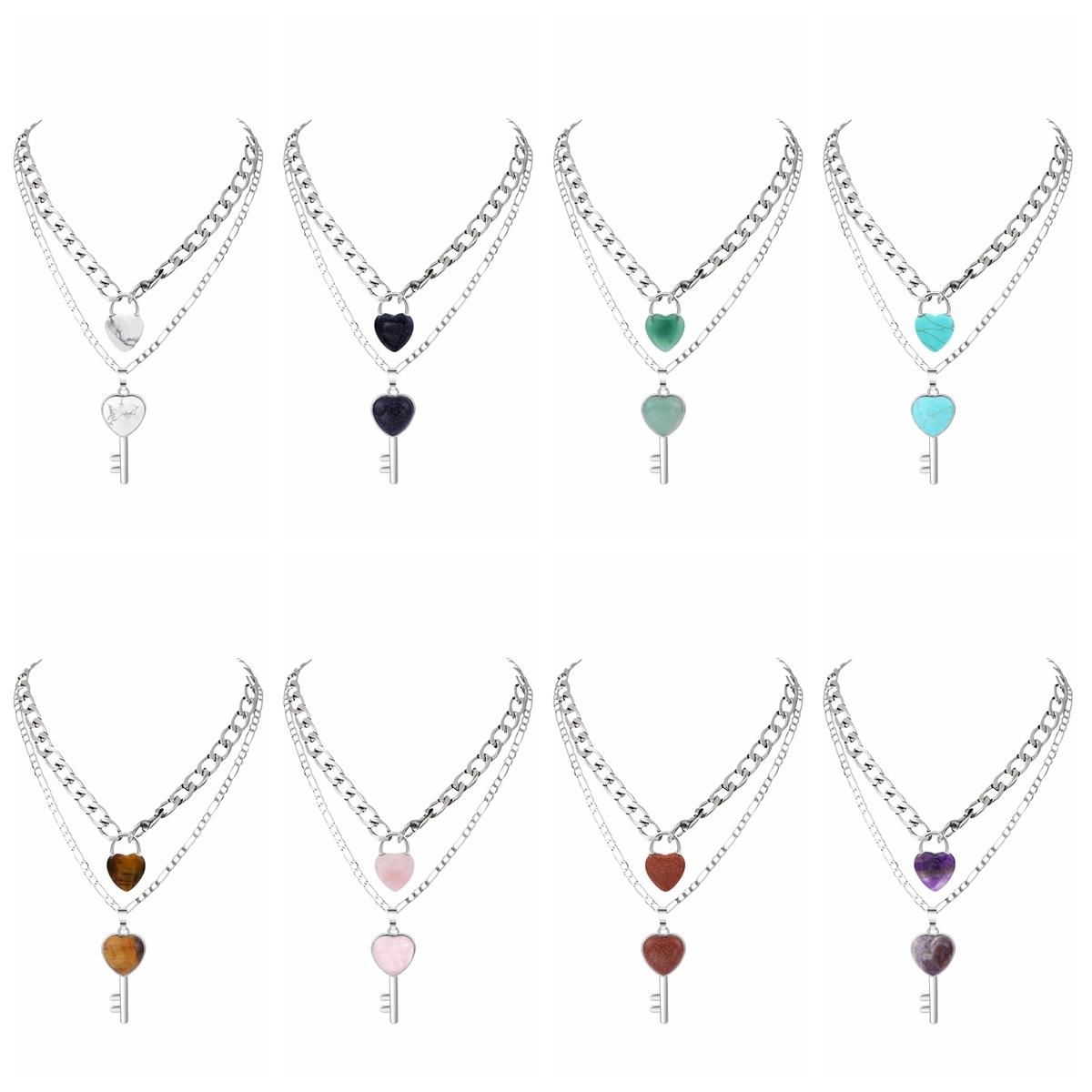 Layered Key Lock Pendant Necklace Chunky Punk Silver Chain Choker Cuban Link  Statement Jewelry for Women and Girls