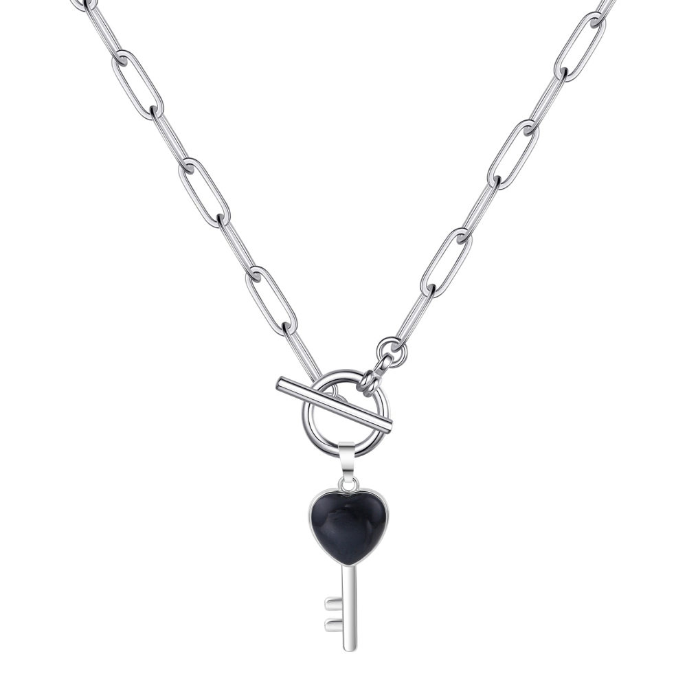Gemstone Key Pendant Necklace with IQ Clasp Chunky Punk Chain Choker Cuban Link  Statement Jewelry for Women and Girls