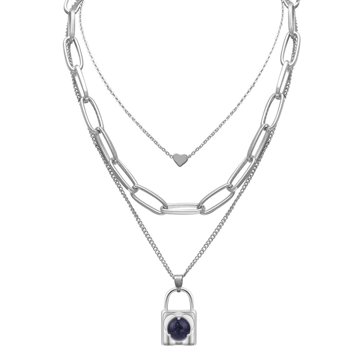 Layered Lock Pendant Necklace Chunky Punk Chain Choker Cuban Link  Statement Jewelry for Women and Girls