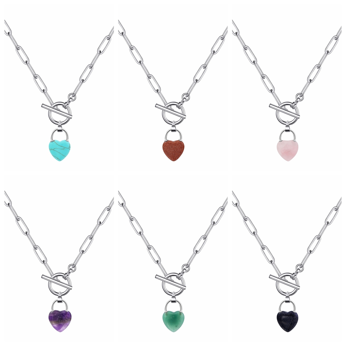 Natural Gemstone Love Heart Lock Pendant Necklace with IQ Clasp Chunky Punk Chain Choker Cuban Link  Statement Jewelry for Women and Girls