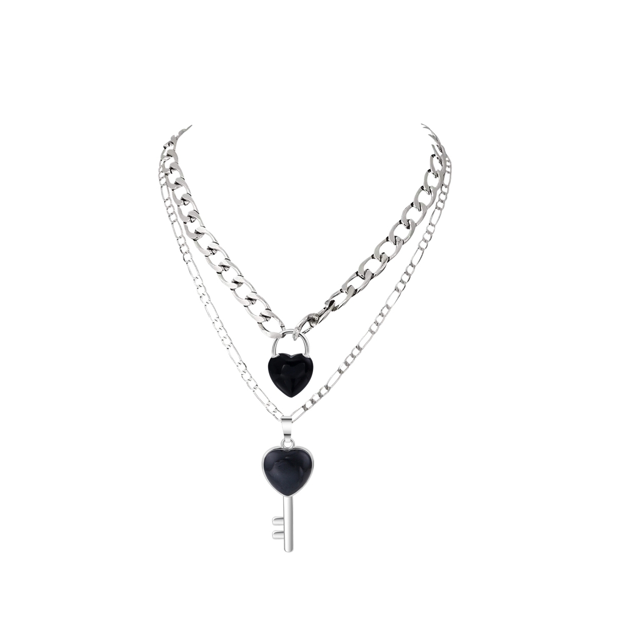 Layered Key Lock Pendant Necklace Chunky Punk Silver Chain Choker Cuban Link  Statement Jewelry for Women and Girls