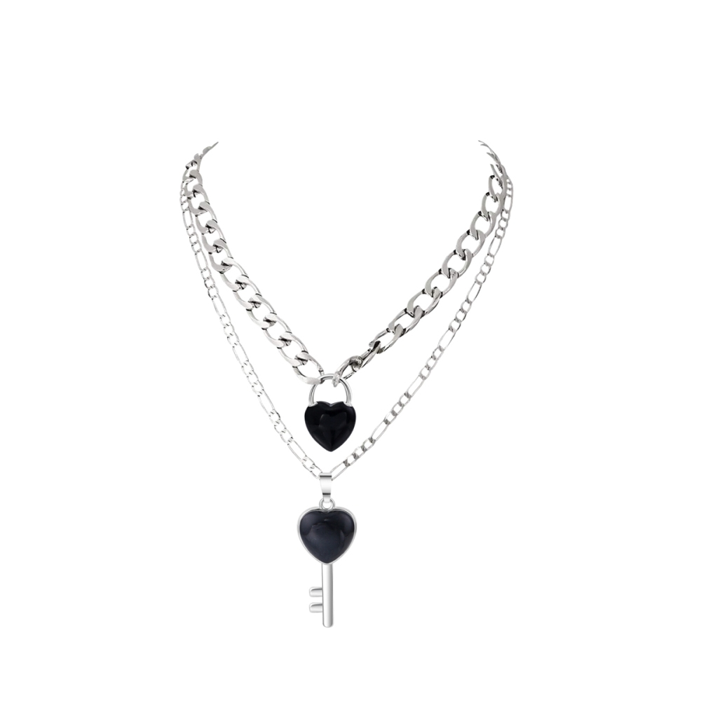Layered Key Lock Pendant Necklace Chunky Punk Silver Chain Choker Cuban Link  Statement Jewelry for Women and Girls