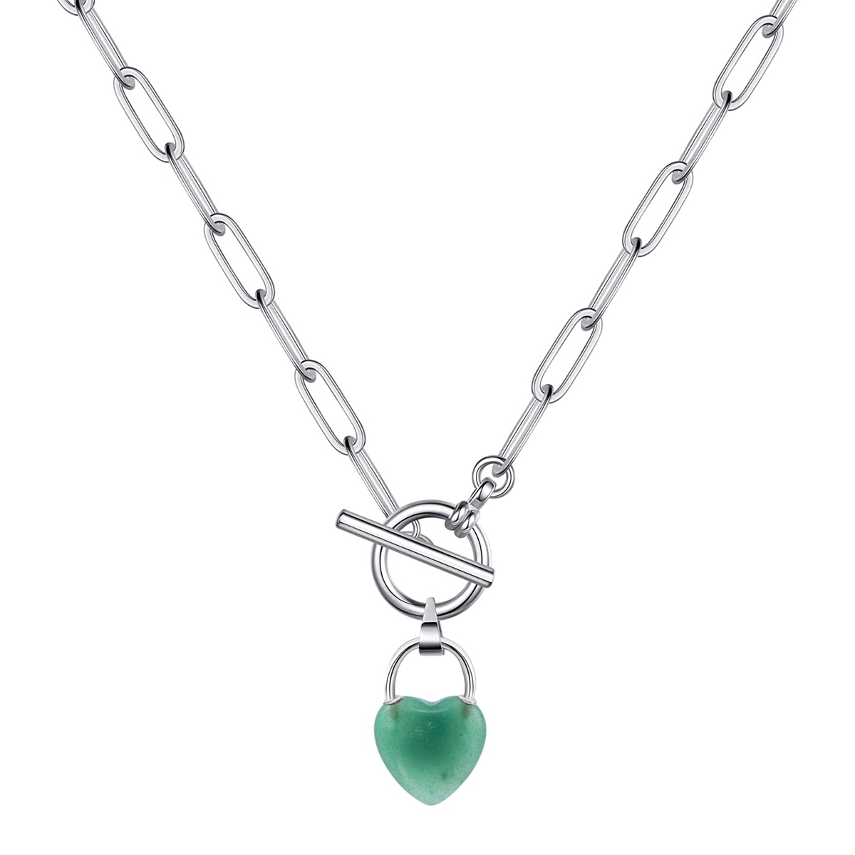 Natural Gemstone Love Heart Lock Pendant Necklace with IQ Clasp Chunky Punk Chain Choker Cuban Link  Statement Jewelry for Women and Girls