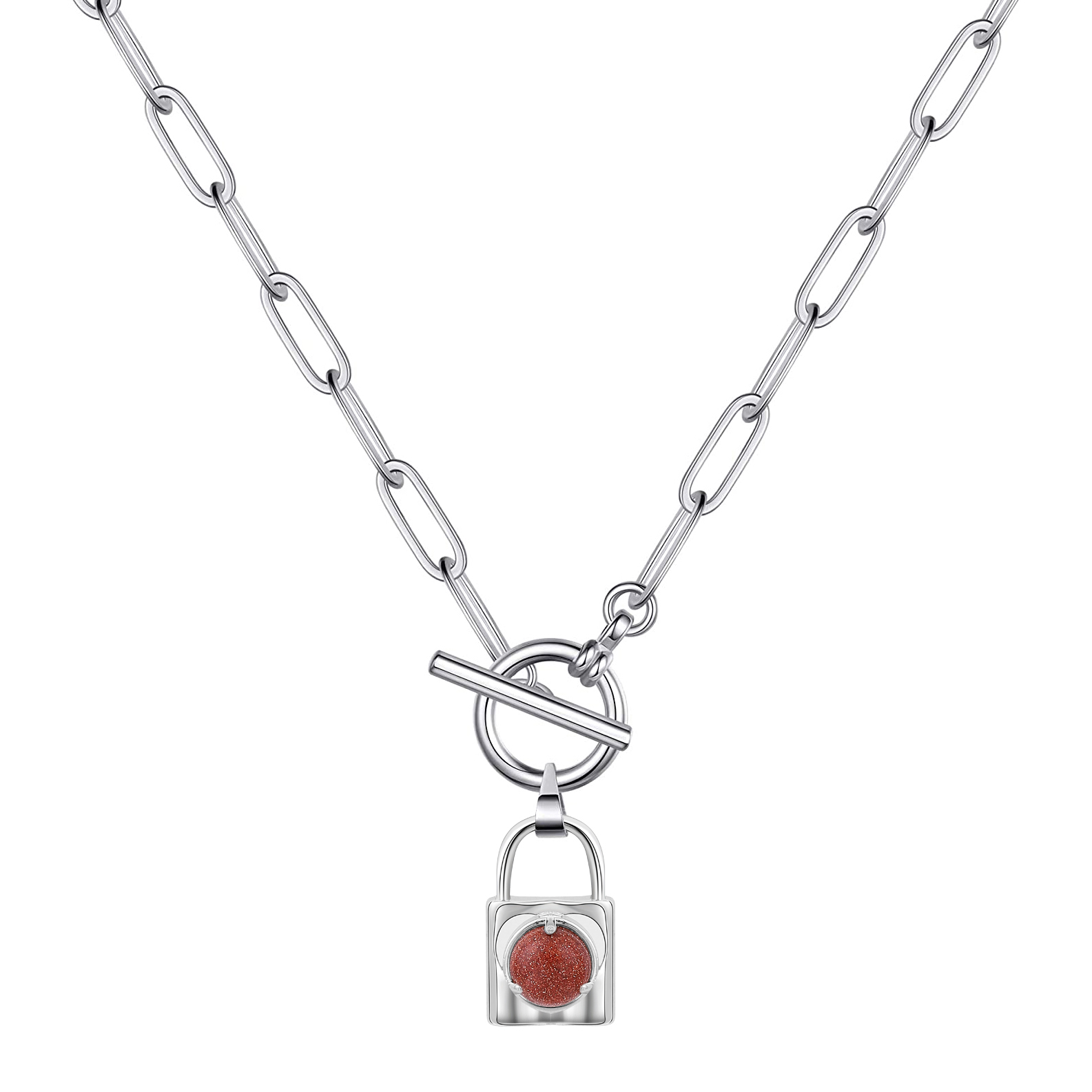 Natural Gemstone Silver Alloy Lock Pendant Necklace with IQ Clasp Chunky Punk Chain Choker Cuban Link  Statement Jewelry for Women and Girls
