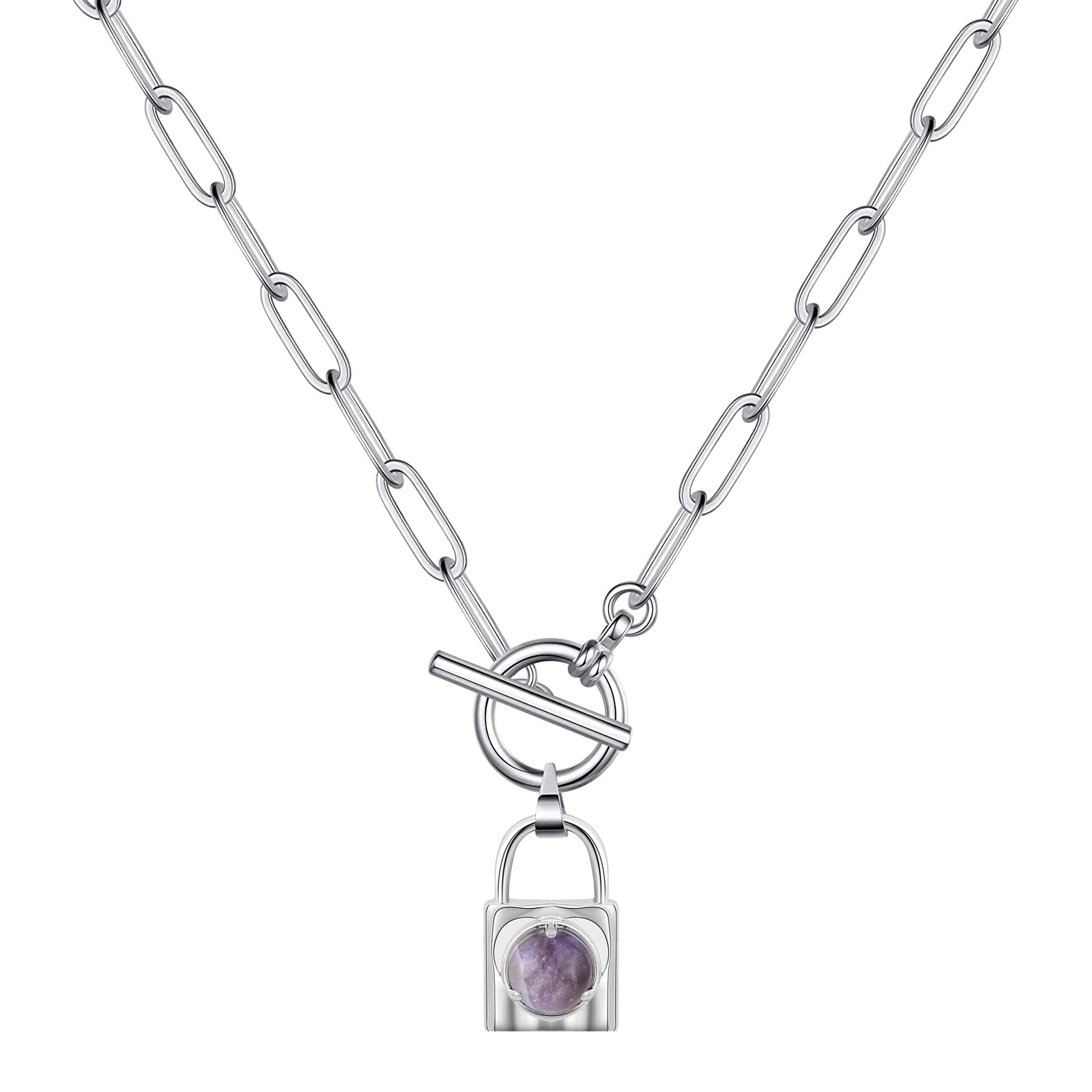 Natural Gemstone Silver Alloy Lock Pendant Necklace with IQ Clasp Chunky Punk Chain Choker Cuban Link  Statement Jewelry for Women and Girls