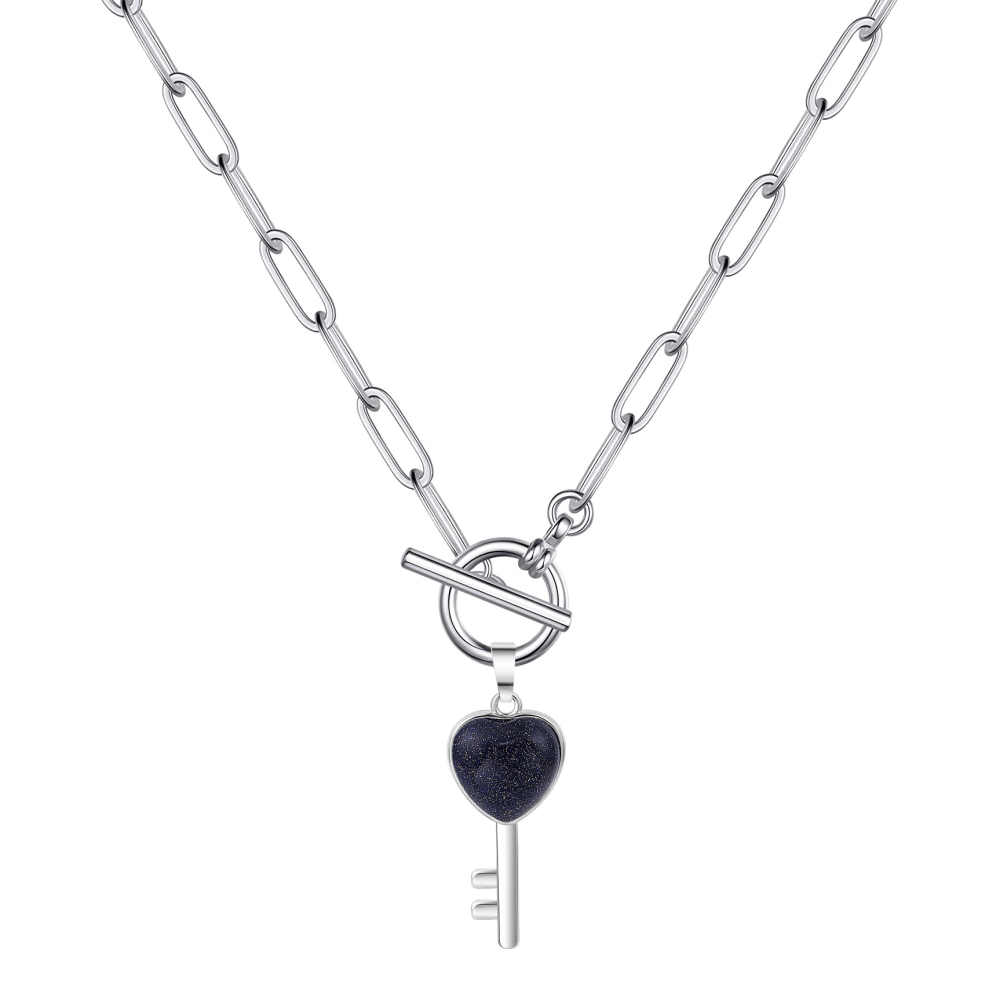 Gemstone Key Pendant Necklace with IQ Clasp Chunky Punk Chain Choker Cuban Link  Statement Jewelry for Women and Girls
