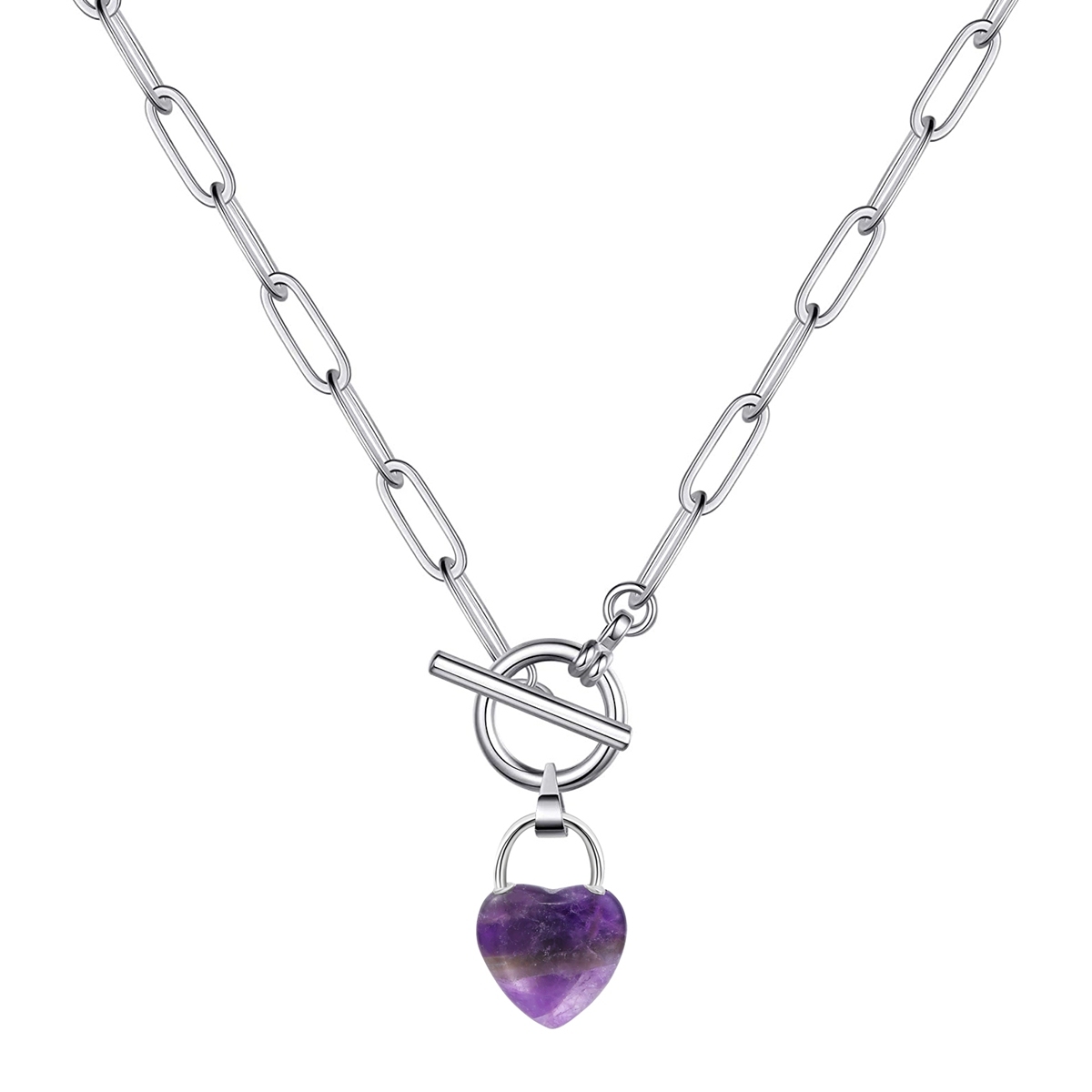 Natural Gemstone Love Heart Lock Pendant Necklace with IQ Clasp Chunky Punk Chain Choker Cuban Link  Statement Jewelry for Women and Girls