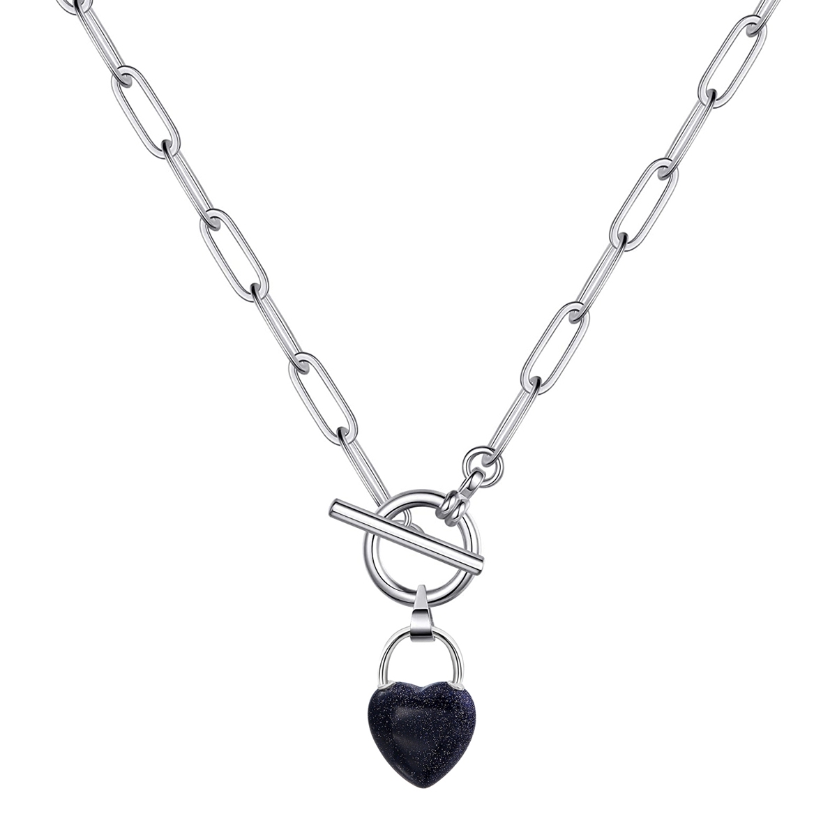 Natural Gemstone Love Heart Lock Pendant Necklace with IQ Clasp Chunky Punk Chain Choker Cuban Link  Statement Jewelry for Women and Girls