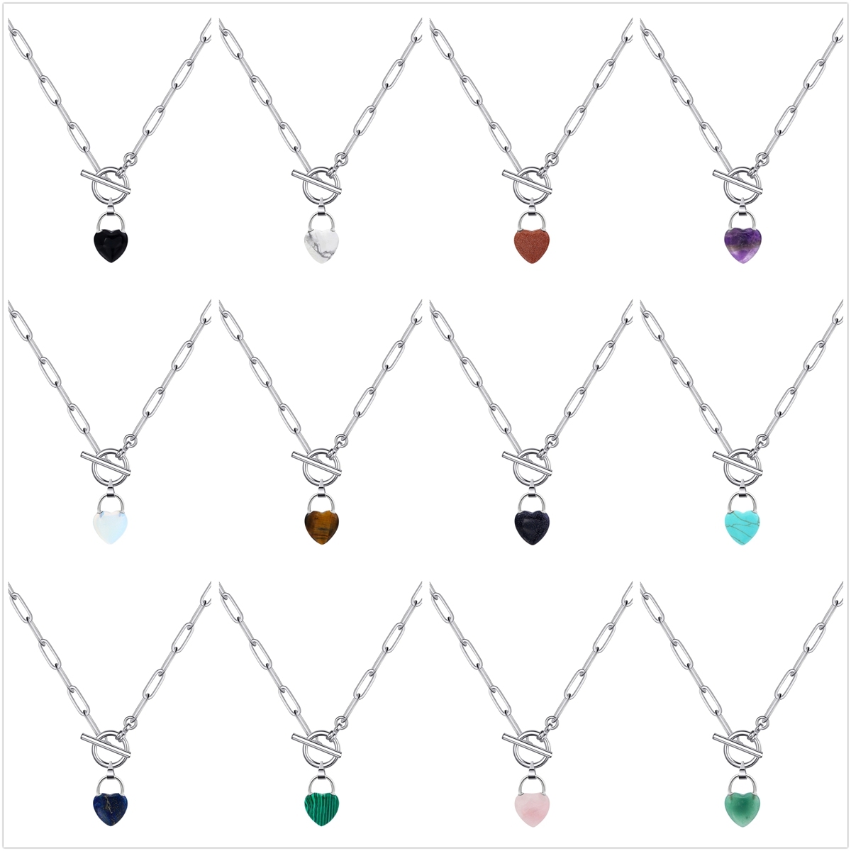 Natural Gemstone Love Heart Lock Pendant Necklace with IQ Clasp Chunky Punk Chain Choker Cuban Link  Statement Jewelry for Women and Girls
