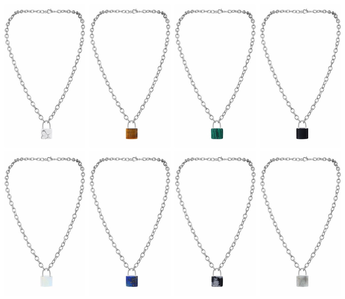 Natural Gemstone Lock Pendant Necklace Chunky Punk Chain Choker Cuban Link  Statement Jewelry for Women and Girls