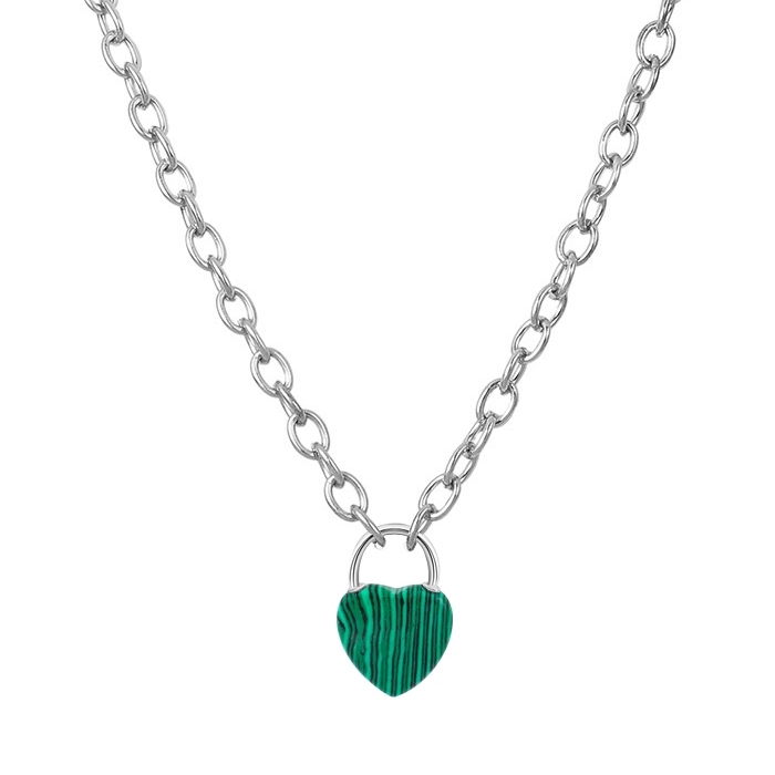 Natural Gemstone Love Heart Lock Pendant Necklace Chunky Punk Chain Choker Cuban Link  Statement Jewelry for Women and Girls