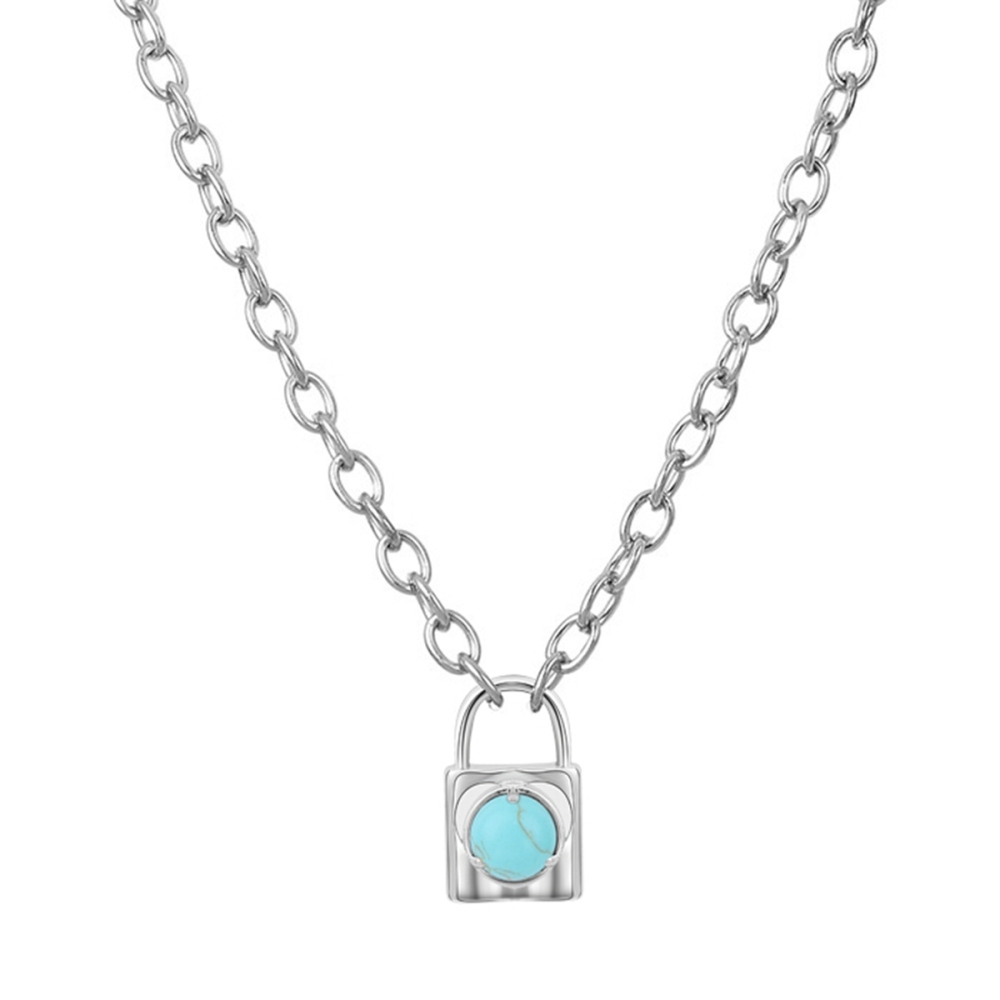 Simple Gemstone Alloy Lock Pendant Necklace Chunky Punk Chain Choker Cuban Link  Statement Jewelry for Women and Girls