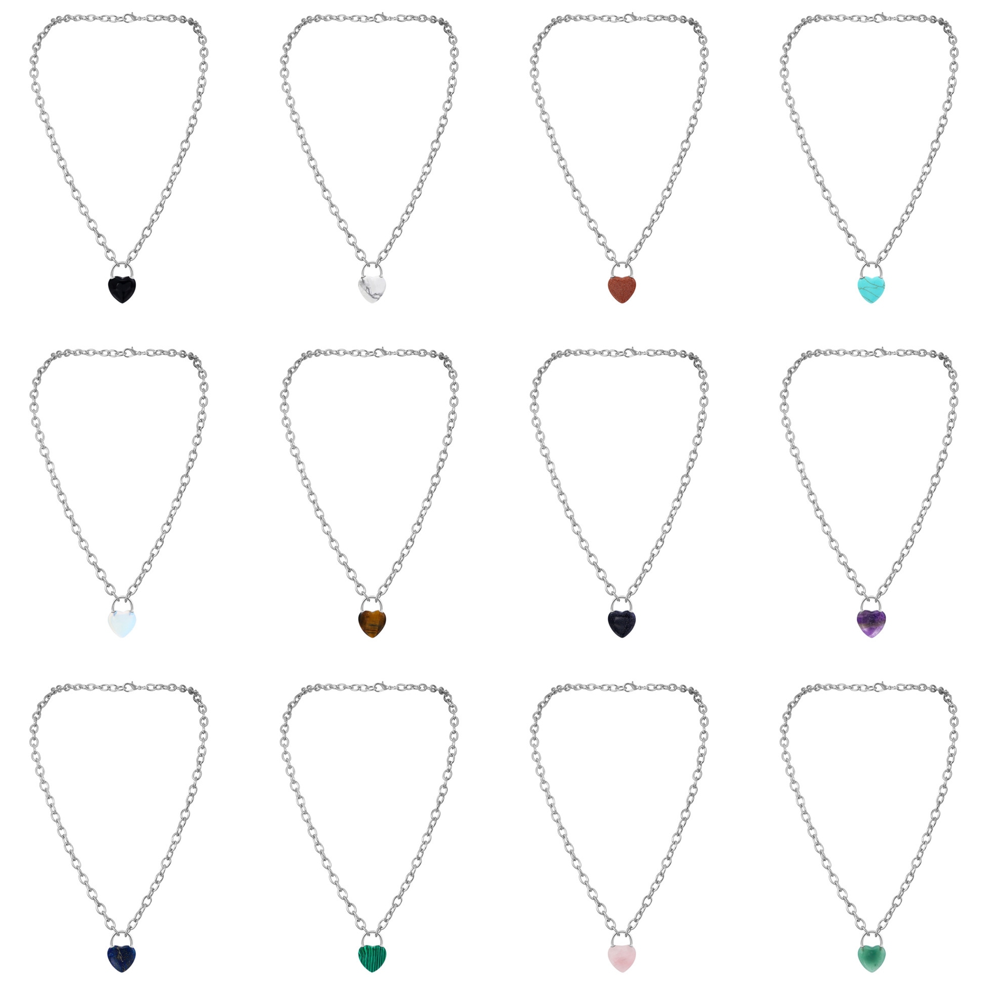 Natural Gemstone Love Heart Lock Pendant Necklace Chunky Punk Chain Choker Cuban Link  Statement Jewelry for Women and Girls