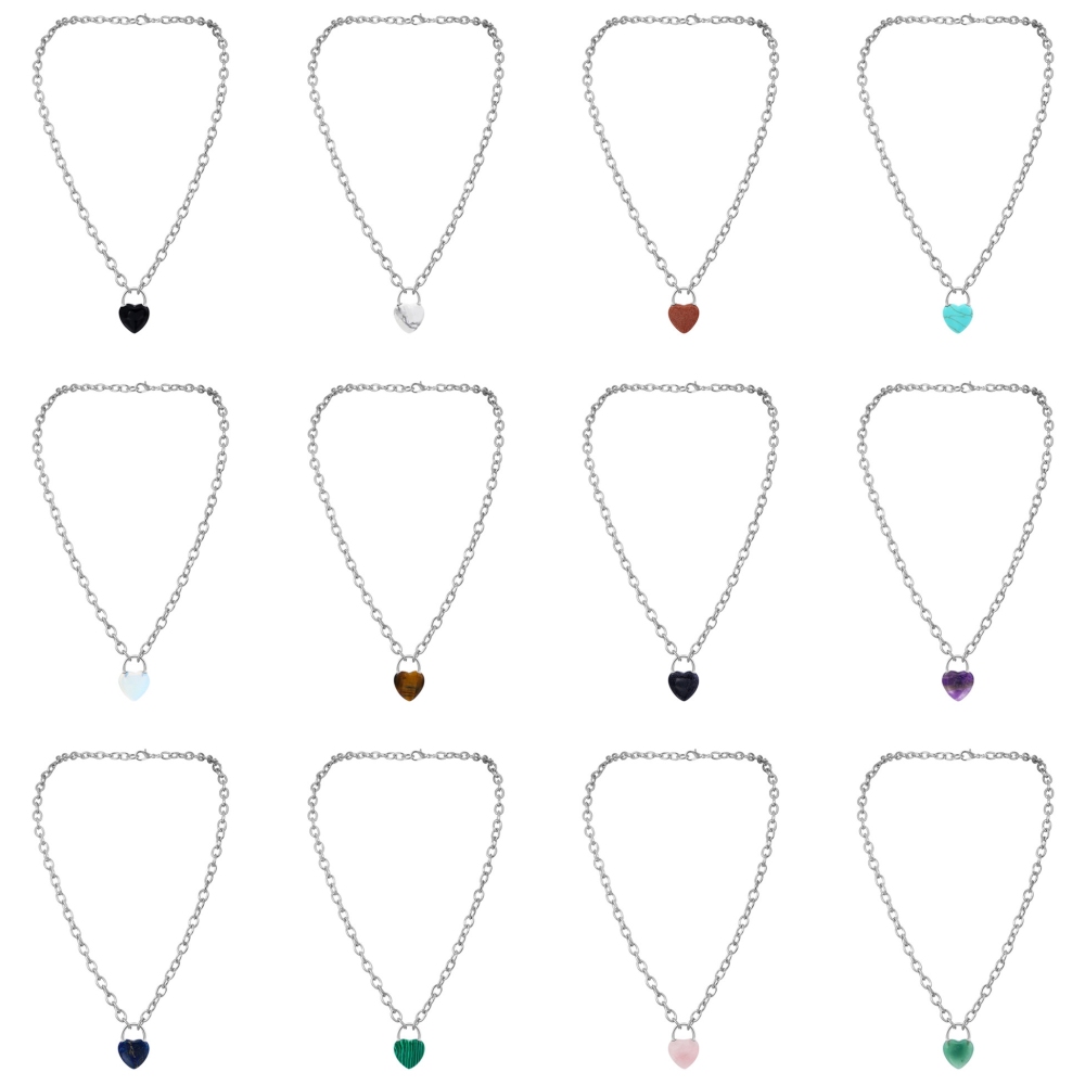 Natural Gemstone Love Heart Lock Pendant Necklace Chunky Punk Chain Choker Cuban Link  Statement Jewelry for Women and Girls
