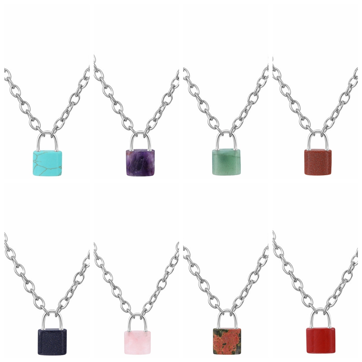 Natural Gemstone Lock Pendant Necklace Chunky Punk Chain Choker Cuban Link  Statement Jewelry for Women and Girls