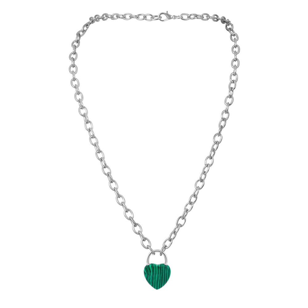 Natural Gemstone Love Heart Lock Pendant Necklace Chunky Punk Chain Choker Cuban Link  Statement Jewelry for Women and Girls