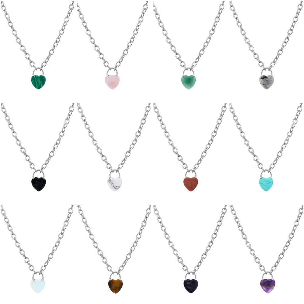 Natural Gemstone Love Heart Lock Pendant Necklace Chunky Punk Chain Choker Cuban Link  Statement Jewelry for Women and Girls