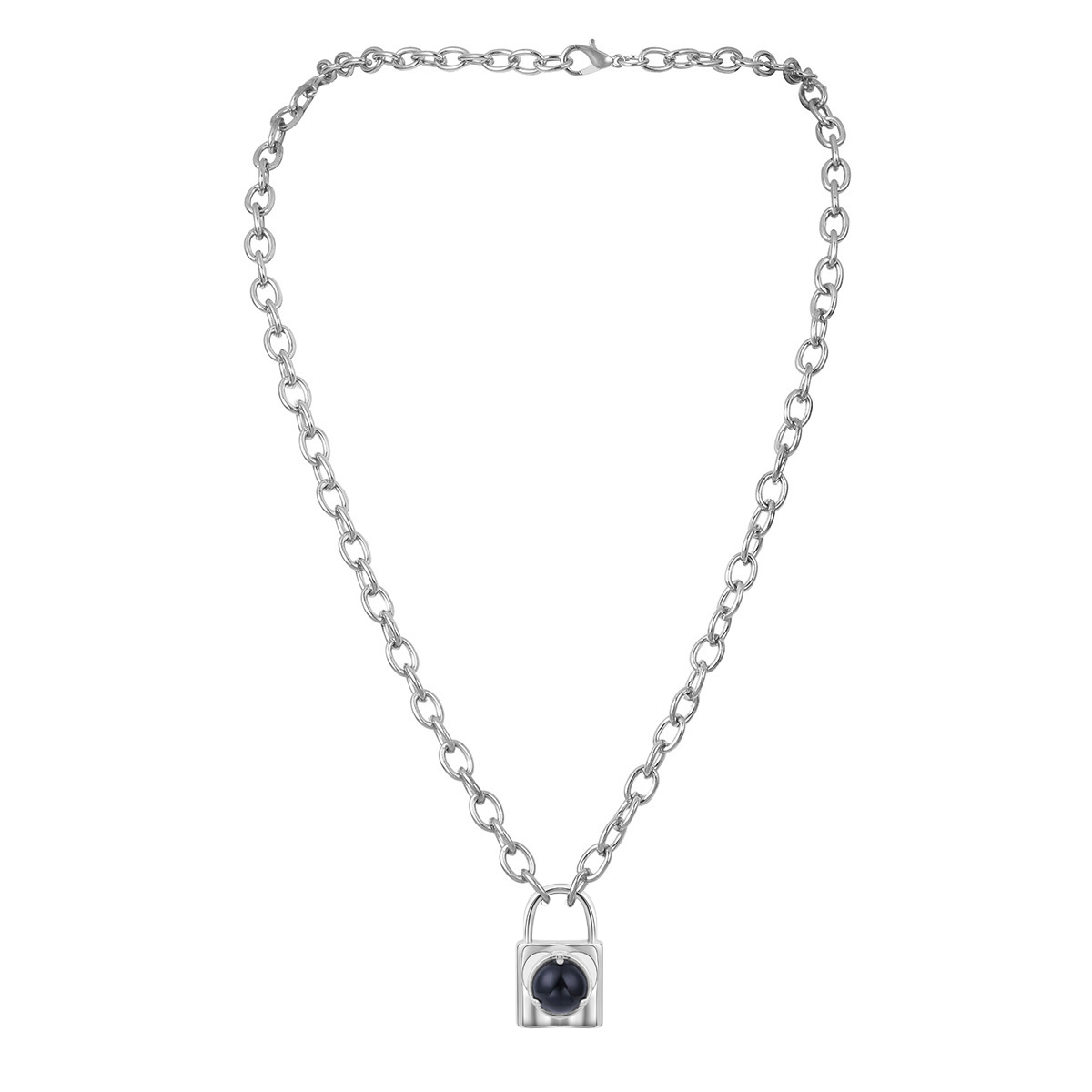 Simple Gemstone Alloy Lock Pendant Necklace Chunky Punk Chain Choker Cuban Link  Statement Jewelry for Women and Girls