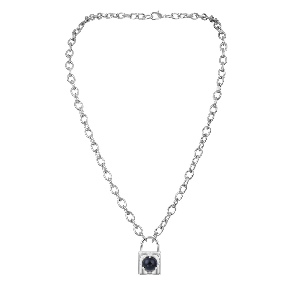 Simple Gemstone Alloy Lock Pendant Necklace Chunky Punk Chain Choker Cuban Link  Statement Jewelry for Women and Girls